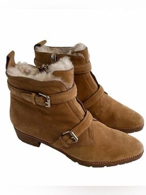 Tabitha Simmons Tan Suede Shearling Lined "Windle" Buckle Ankle Boots 38…